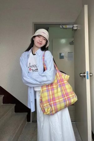 Retro Plaid Orange Tote Bag - Large Capacity Checkered Canvas Commuter Shoulder Bag for Stylish Shopping