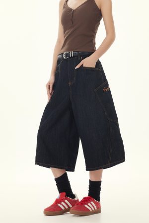 Retro Plaid Patchwork Cargo Cropped Denim Pants for Women - Loose Wide-Leg Black Jeans in 90s American Style