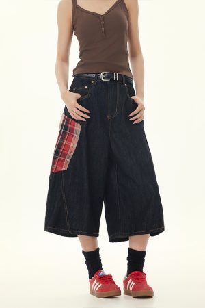 Retro Plaid Patchwork Cargo Cropped Denim Pants for Women - Loose Wide-Leg Black Jeans in 90s American Style