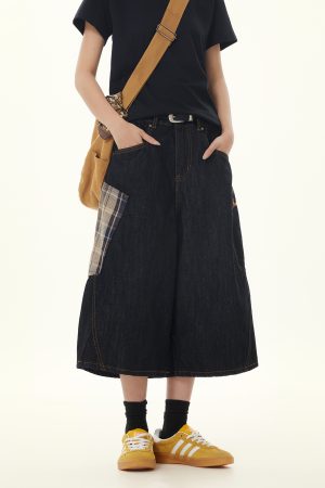 Retro Plaid Patchwork Cargo Cropped Denim Pants for Women - Loose Wide-Leg Black Jeans in 90s American Style