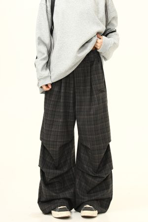Retro Plaid Pleated Pants for Women - Loose Drape Casual Style, Trendy Versatile Bottoms, 90s Inspired Fashion