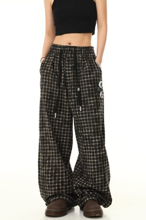 Retro Plaid Wide-Leg Casual Pants with Elastic Waist and Drawstring - Trendy Loose Drape Trousers for Y2K Style