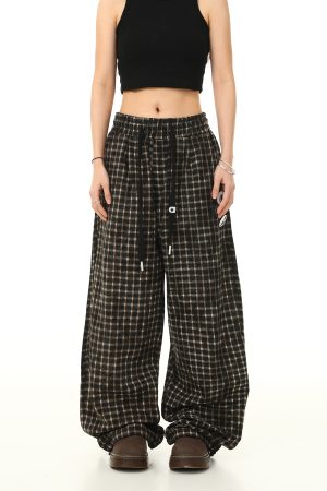 Retro Plaid Wide-Leg Casual Pants with Elastic Waist and Drawstring - Trendy Loose Drape Trousers for Y2K Style