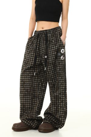 Retro Plaid Wide-Leg Casual Pants with Elastic Waist and Drawstring - Trendy Loose Drape Trousers for Y2K Style