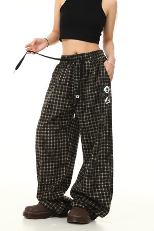 Retro Plaid Wide-Leg Casual Pants with Elastic Waist and Drawstring - Trendy Loose Drape Trousers for Y2K Style