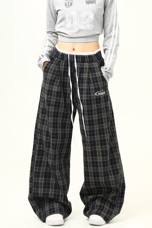 Retro Plaid Wide-Leg Double-Waist Casual Pants for Women - Loose Straight Floor-Length Trousers, Y2K Style