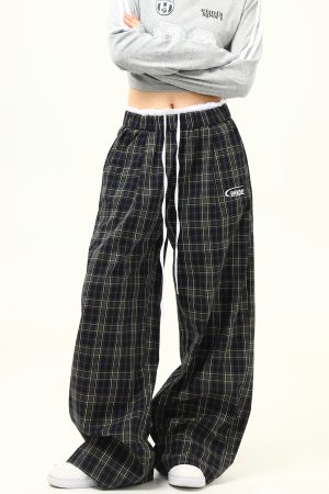 Retro Plaid Wide-Leg Double-Waist Casual Pants for Women - Loose Straight Floor-Length Trousers, Y2K Style