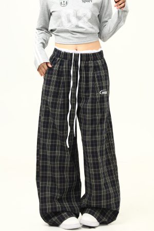 Retro Plaid Wide-Leg Double-Waist Casual Pants for Women - Loose Straight Floor-Length Trousers, Y2K Style