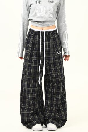 Retro Plaid Wide-Leg Double-Waist Casual Pants for Women - Loose Straight Floor-Length Trousers, Y2K Style