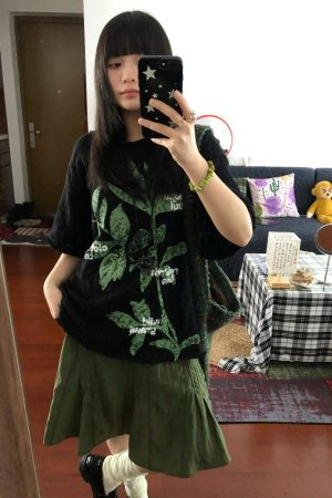 Retro Plant-Themed Korean Style Casual Loose Fit Cotton Summer Short Sleeve T-Shirt