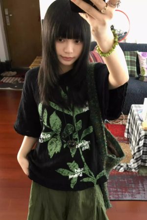 Retro Plant-Themed Korean Style Casual Loose Fit Cotton Summer Short Sleeve T-Shirt