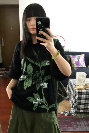 Retro Plant-Themed Korean Style Casual Loose Fit Cotton Summer Short Sleeve T-Shirt