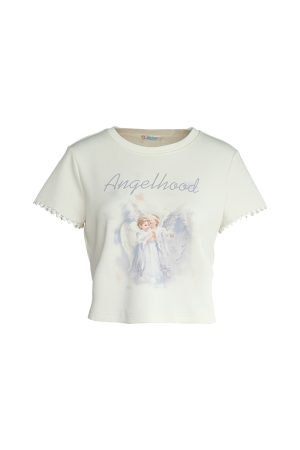 Retro Printed Short Sleeve T-Shirt for Women - Midsummer Southern Star Design, Thin Lace Round Neck, Summer Style