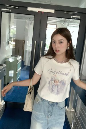 Retro Printed Short Sleeve T-Shirt for Women - Midsummer Southern Star Design, Thin Lace Round Neck, Summer Style