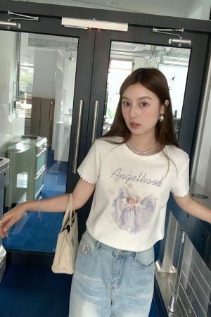 Retro Printed Short Sleeve T-Shirt for Women - Midsummer Southern Star Design, Thin Lace Round Neck, Summer Style