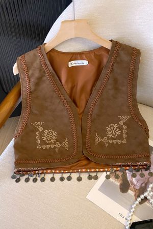 Retro PU Leather Embroidered Tassel Vest Jacket for Women - Loose Short Layered Style for Travel, Inspired by Hong Kong and Xinjiang