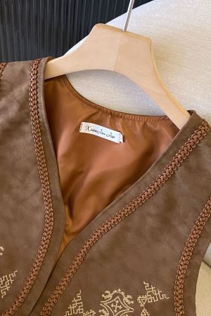 Retro PU Leather Embroidered Tassel Vest Jacket for Women - Loose Short Layered Style for Travel, Inspired by Hong Kong and Xinjiang