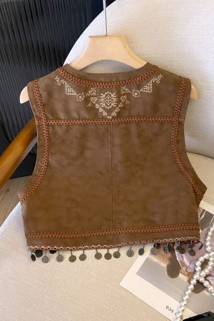 Retro PU Leather Embroidered Tassel Vest Jacket for Women - Loose Short Layered Style for Travel, Inspired by Hong Kong and Xinjiang
