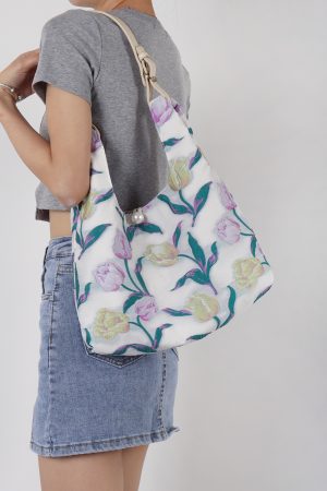 Retro Purple Floral Tulip Tote Bag for Women - Large Capacity Summer Commuter Bag, Fashionable Versatile Y2K Style