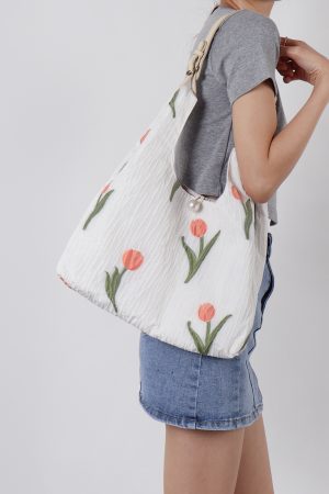 Retro Purple Floral Tulip Tote Bag for Women - Large Capacity Summer Commuter Bag, Fashionable Versatile Y2K Style