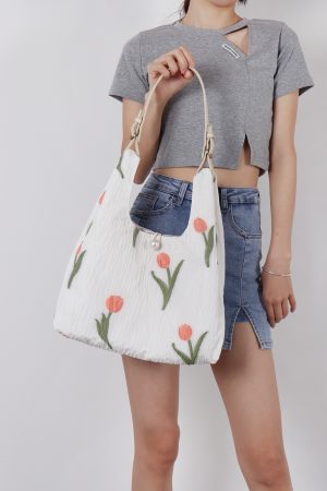 Retro Purple Floral Tulip Tote Bag for Women - Large Capacity Summer Commuter Bag, Fashionable Versatile Y2K Style