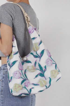 Retro Purple Floral Tulip Tote Bag for Women - Large Capacity Summer Commuter Bag, Fashionable Versatile Y2K Style