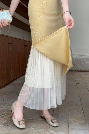 Retro Qipao Inner Slip Dress with Mesh Pleated Half Skirt, Layered Lace Solid Color Flared Design, Perfect for Y2K Fashion