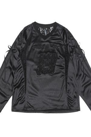 Retro Revival American Lace Bow Long Sleeve T-Shirt - Women's Jersey Sports Style Satin Top for Y2K Fashion