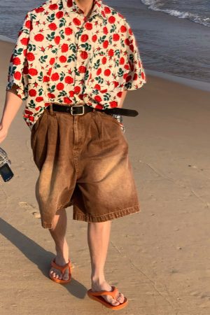 Retro Rose Print Short Sleeve Shirt - Handmade Hawaiian Style Vintage Top for Couples - Perfect for Beach Days