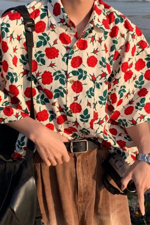 Retro Rose Print Short Sleeve Shirt - Handmade Hawaiian Style Vintage Top for Couples - Perfect for Beach Days