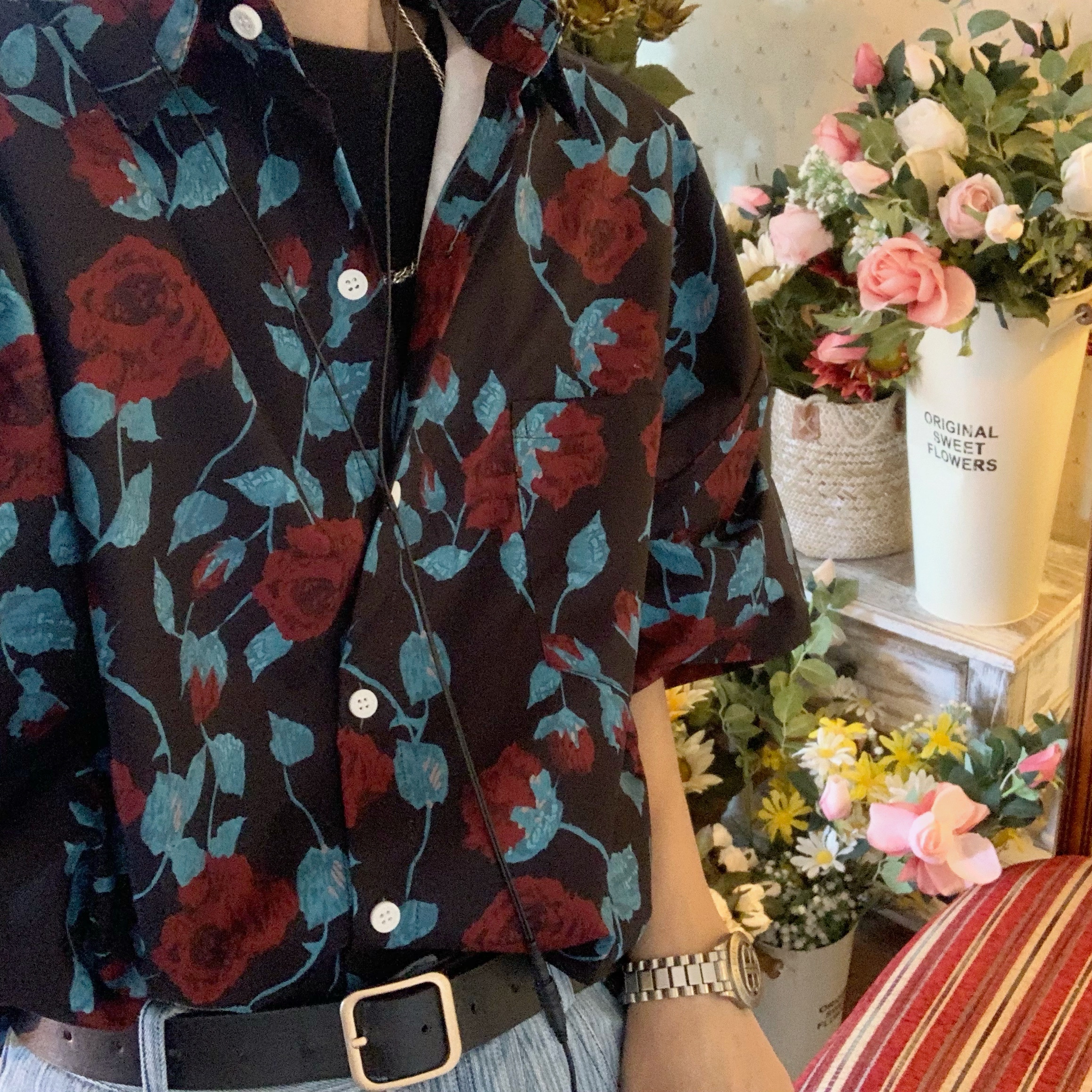 Retro Rose Print Short Sleeve Shirt - Summer Floral Korean Style for Young Trendsetters Retro Rose Print Short Sleeve Shirt - Summer Floral Korean Style for Young Trendsetters