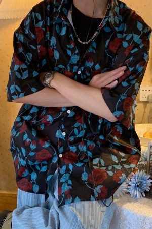 Retro Rose Print Short Sleeve Shirt - Summer Floral Korean Style for Young Trendsetters