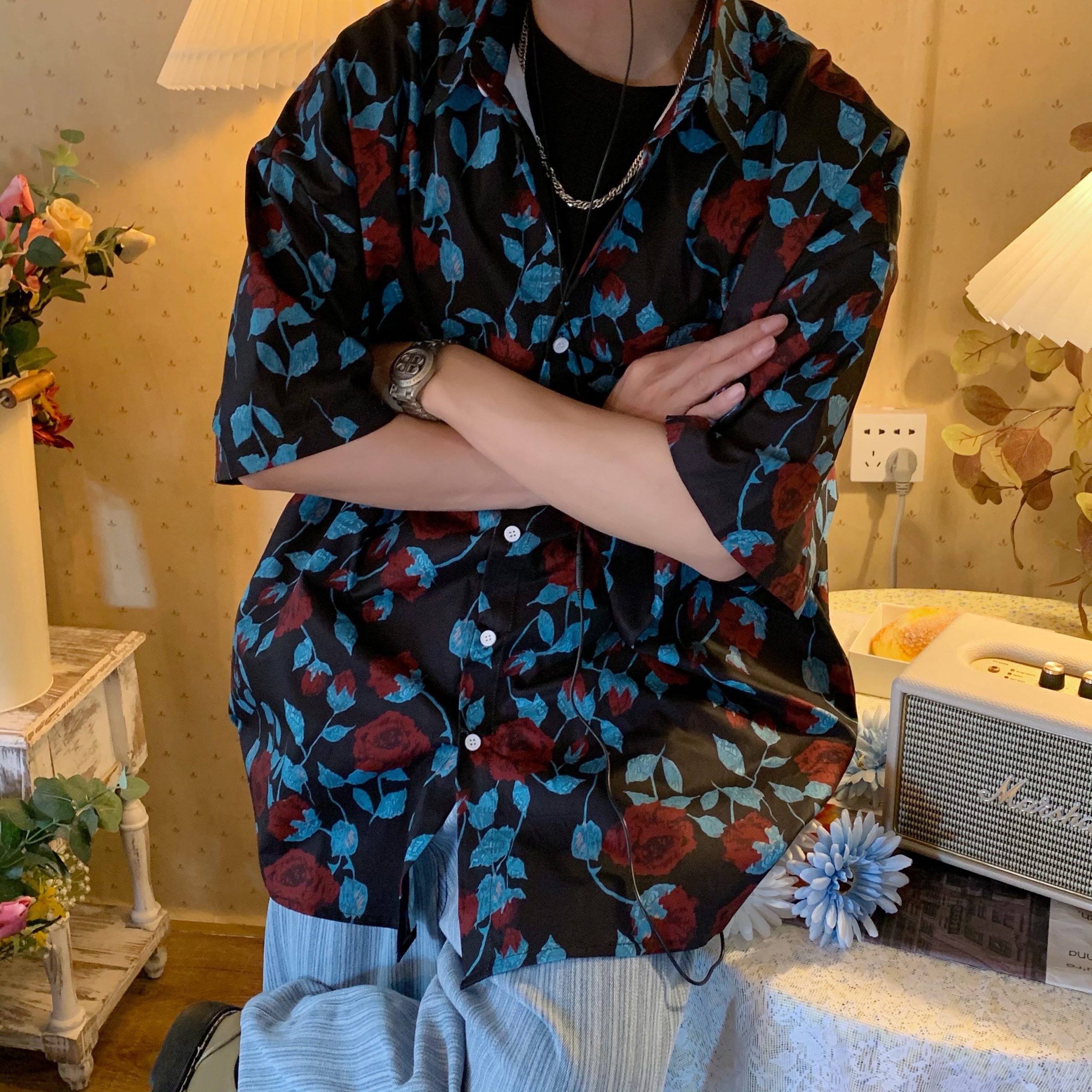 Retro Rose Print Short Sleeve Shirt - Summer Floral Korean Style for Young Trendsetters Retro Rose Print Short Sleeve Shirt - Summer Floral Korean Style for Young Trendsetters