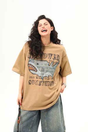 Retro Shark Patch Embroidered Short Sleeve T-Shirt for Women - American Style Summer Versatile Top