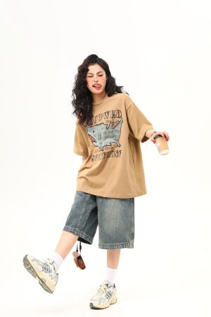 Retro Shark Patch Embroidered Short Sleeve T-Shirt for Women - American Style Summer Versatile Top