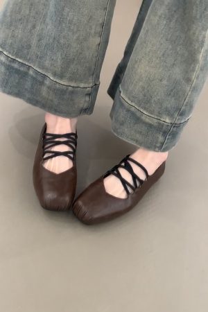 Retro Sheepskin Cross-Strap Flat Shoes with Square Toe & Pig Nose - Women's Ballet Flats, Shallow Mouth Mary Jane Style