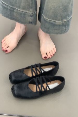 Retro Sheepskin Cross-Strap Flat Shoes with Square Toe & Pig Nose - Women's Ballet Flats, Shallow Mouth Mary Jane Style