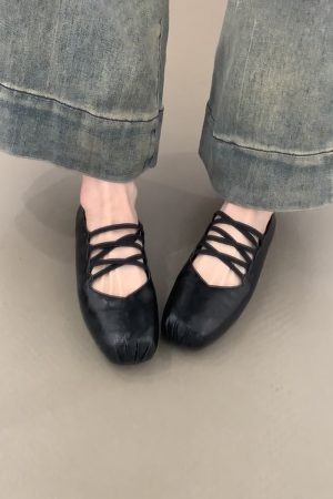 Retro Sheepskin Cross-Strap Flat Shoes with Square Toe & Pig Nose - Women's Ballet Flats, Shallow Mouth Mary Jane Style