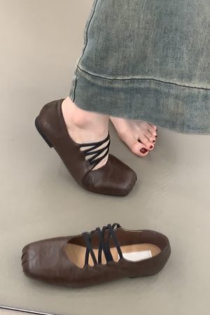 Retro Sheepskin Cross-Strap Flat Shoes with Square Toe & Pig Nose - Women's Ballet Flats, Shallow Mouth Mary Jane Style