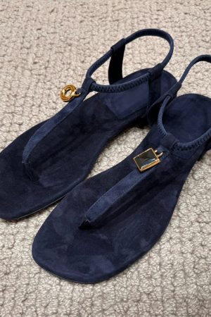 Retro Sheepskin Flat Sandals with Metal Buckle, One-Strap Toe Post Roman Beach Flip-Flops for Women - Versatile Summer Footwear