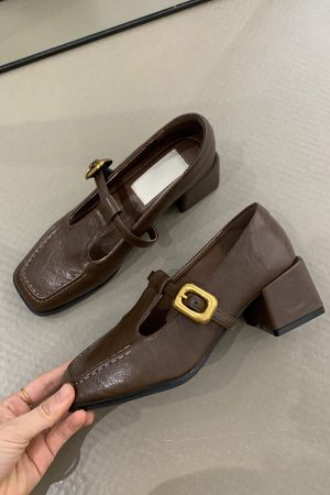 Retro Sheepskin High-Heeled Mary Jane Shoes - Square Toe, Chunky Heel, One-Strap Buckle, Elegant Commuter Style for Women