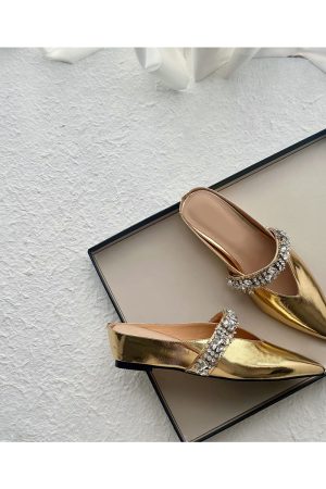Retro Sheepskin One-Strap Rhinestone Open-Toe Slippers for Women - Summer Flat Pointed Footwear in Zhao Lusi Style