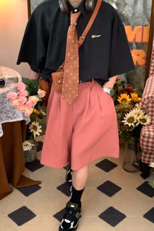 Retro Short Sleeve Shirt for Couples - Handmade Hong Kong Style, Solid Color, Loose Fit, Summer Casual Fashion