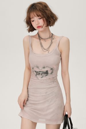 Retro Spicy Girl Cat Print Camisole Dress - Summer Bodycon Dress for a Girly Look, Perfect for Y2K and Retro Fashion Lovers