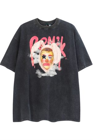 Retro Street Clown Print Loose Vintage Pink T-Shirt for Women - Short Sleeve, 90s Inspired Fashion, Casual Chic Style