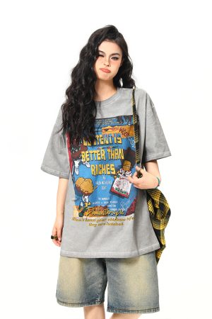 Retro Street Print Washed Short-Sleeve T-Shirt for Men and Women - Versatile Summer Couple Top, Trendy 90s American Style