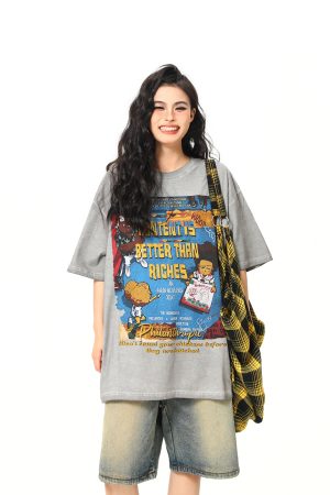 Retro Street Print Washed Short-Sleeve T-Shirt for Men and Women - Versatile Summer Couple Top, Trendy 90s American Style