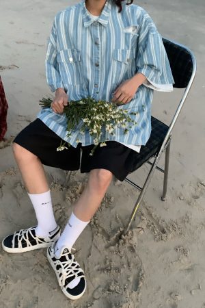 Retro Striped Denim Top - Handmade Loose Fit Shirt with Ripped Short Sleeves, Summer Hong Kong Style, Trendy 90s Vibe