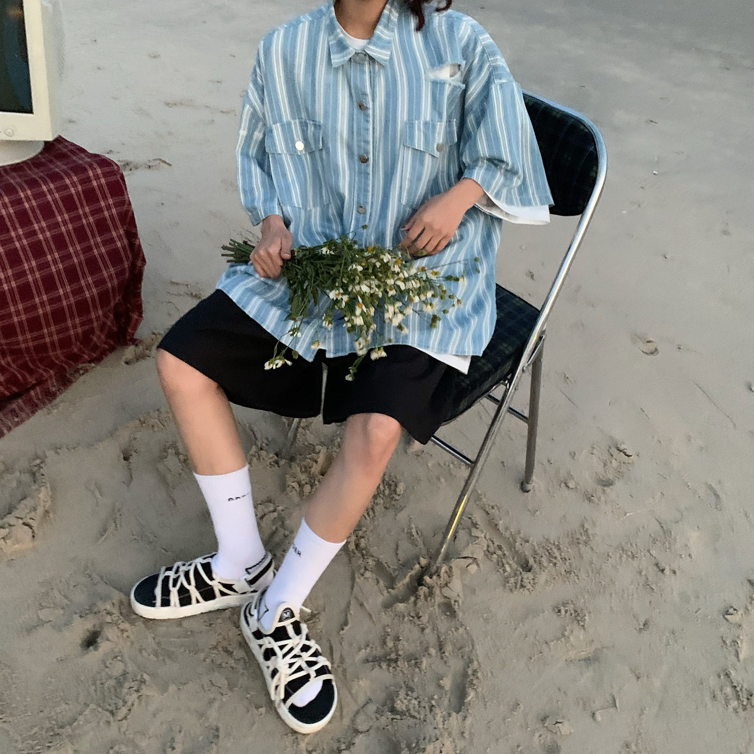 Retro Striped Denim Top - Handmade Loose Fit Shirt with Ripped Short Sleeves, Summer Hong Kong Style, Trendy 90s Vibe Retro Striped Denim Top - Handmade Loose Fit Shirt with Ripped Short Sleeves, Summer Hong Kong Style, Trendy 90s Vibe