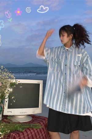 Retro Striped Denim Top - Handmade Loose Fit Shirt with Ripped Short Sleeves, Summer Hong Kong Style, Trendy 90s Vibe